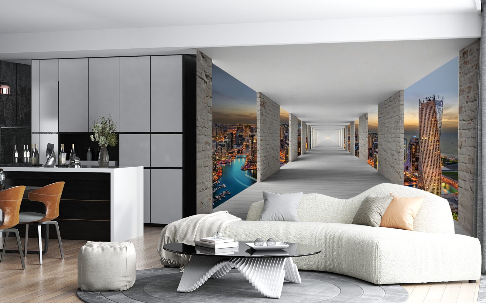 Fototapeta 3D galéria nad mestskými budovami