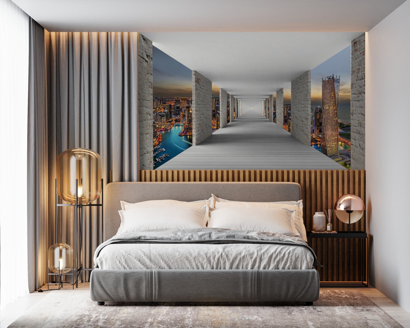 Fototapeta 3D galéria nad mestskými budovami