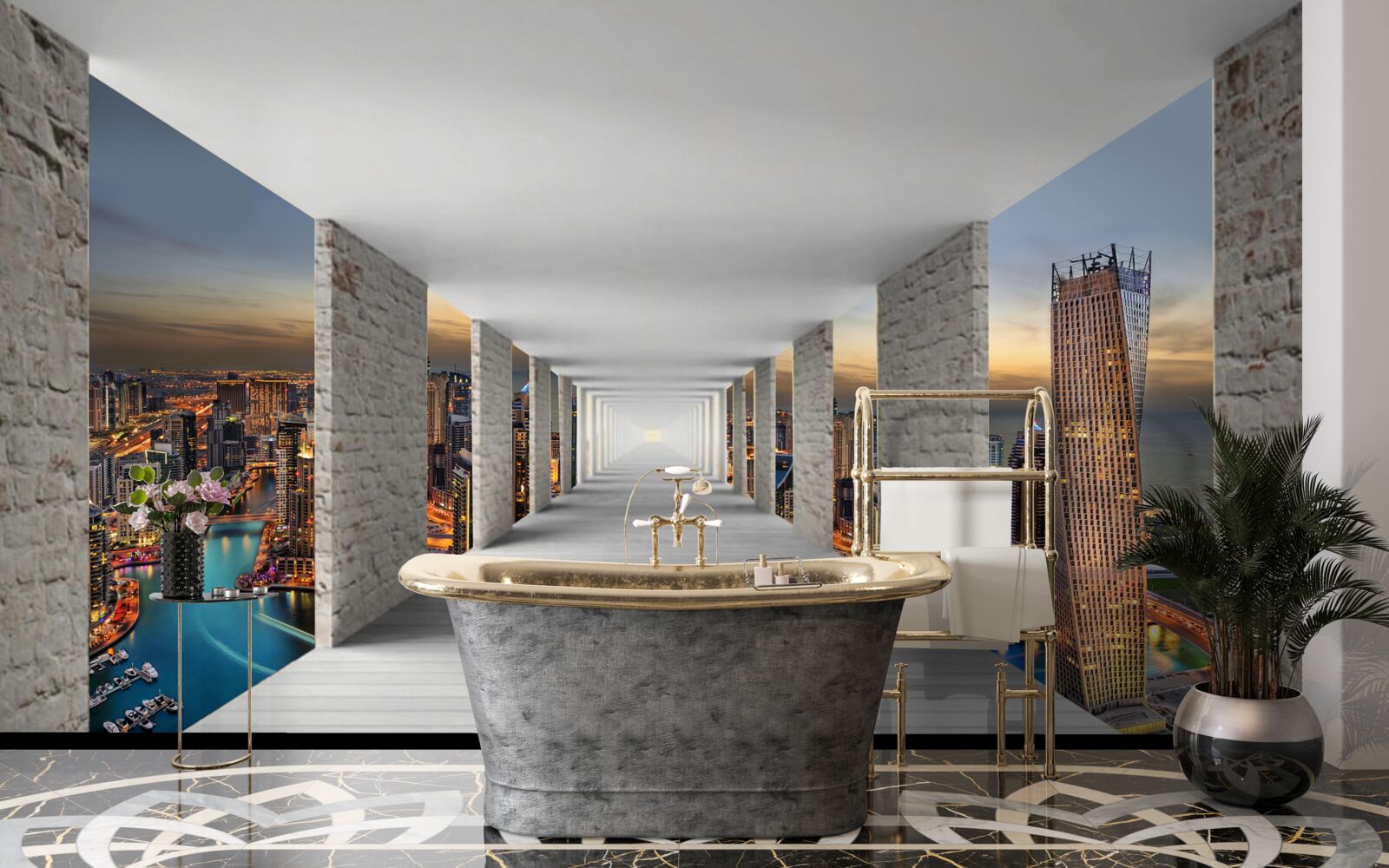 Fototapeta 3D galéria nad mestskými budovami