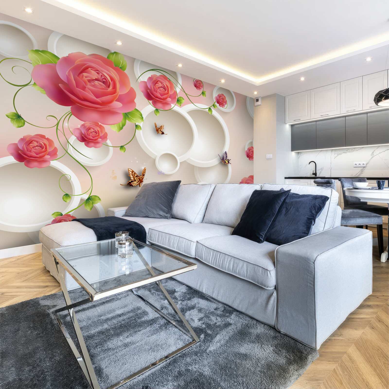 Fototapeta motýle vznášajúce sa vo vzduchu a šarlátové ruže