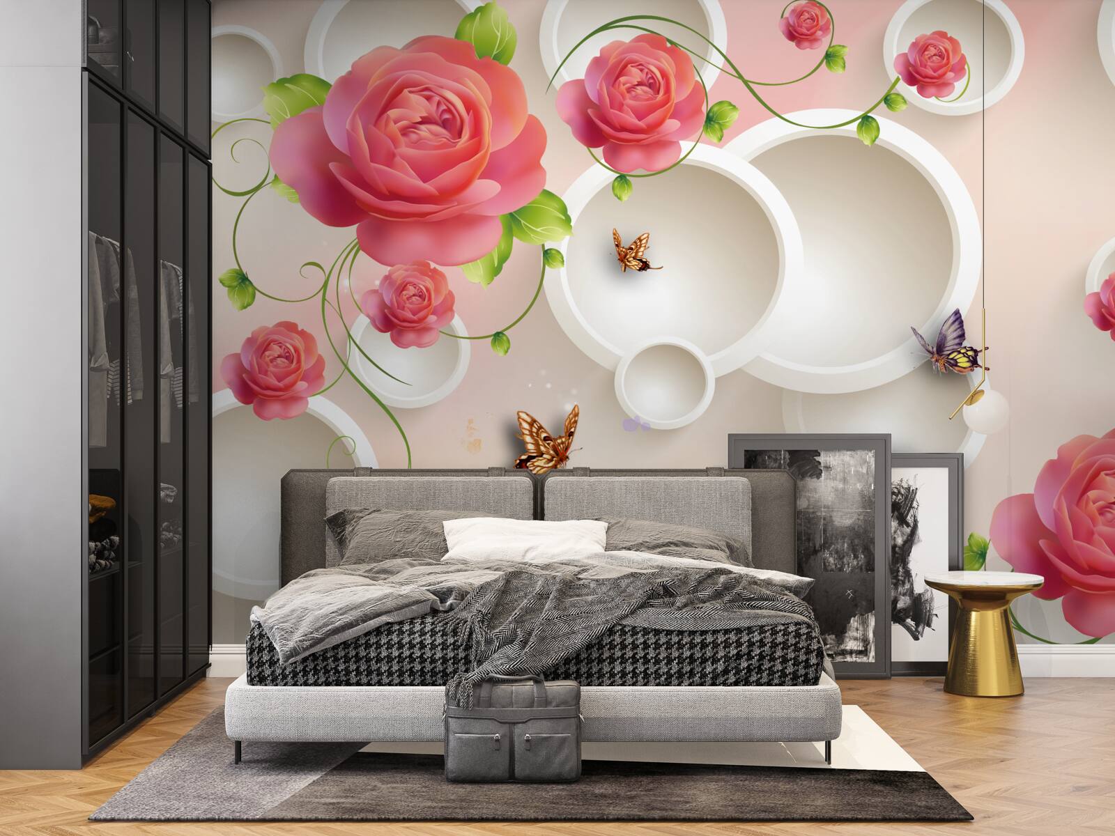 Fototapeta motýle vznášajúce sa vo vzduchu a šarlátové ruže