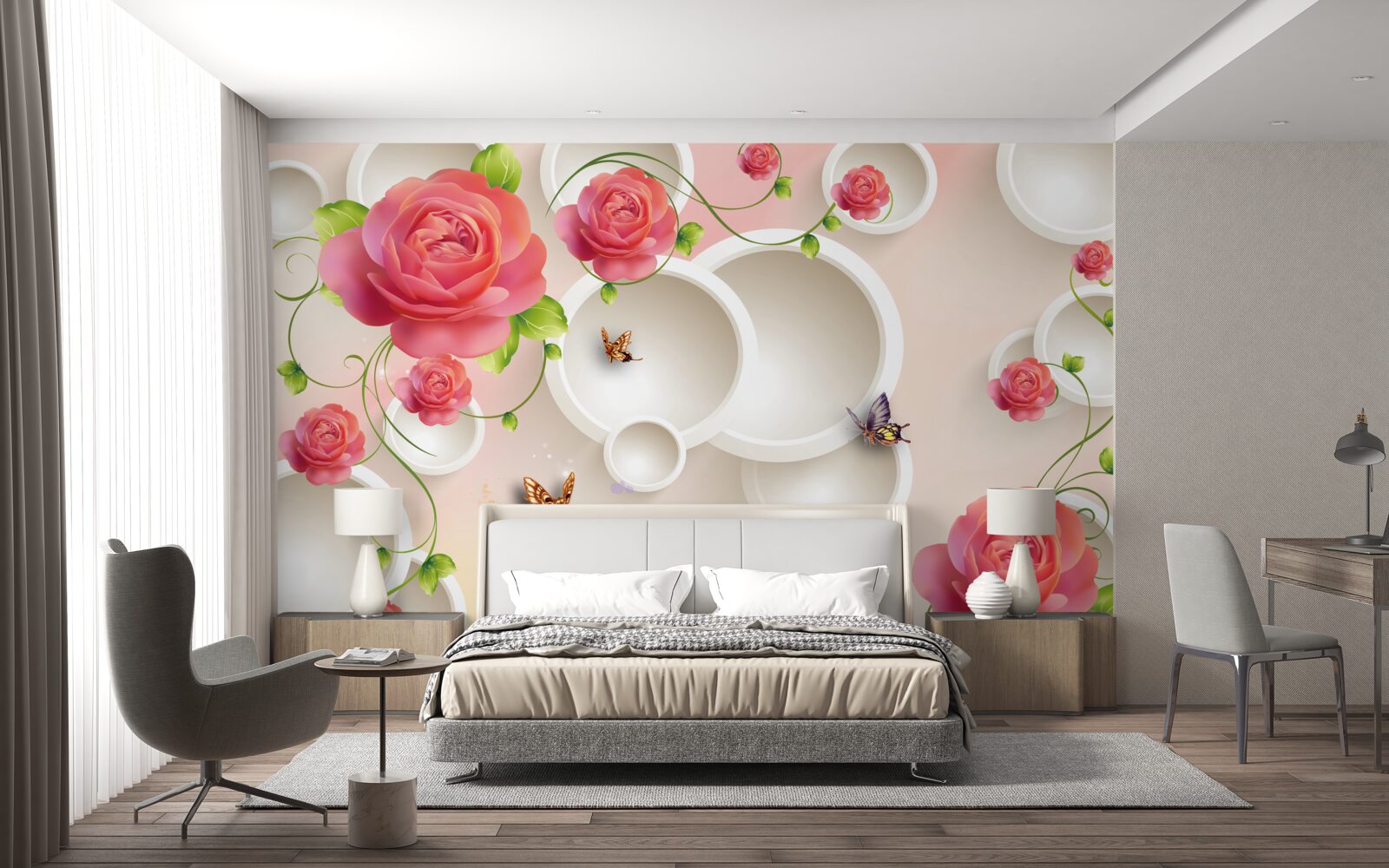 Fototapeta motýle vznášajúce sa vo vzduchu a šarlátové ruže