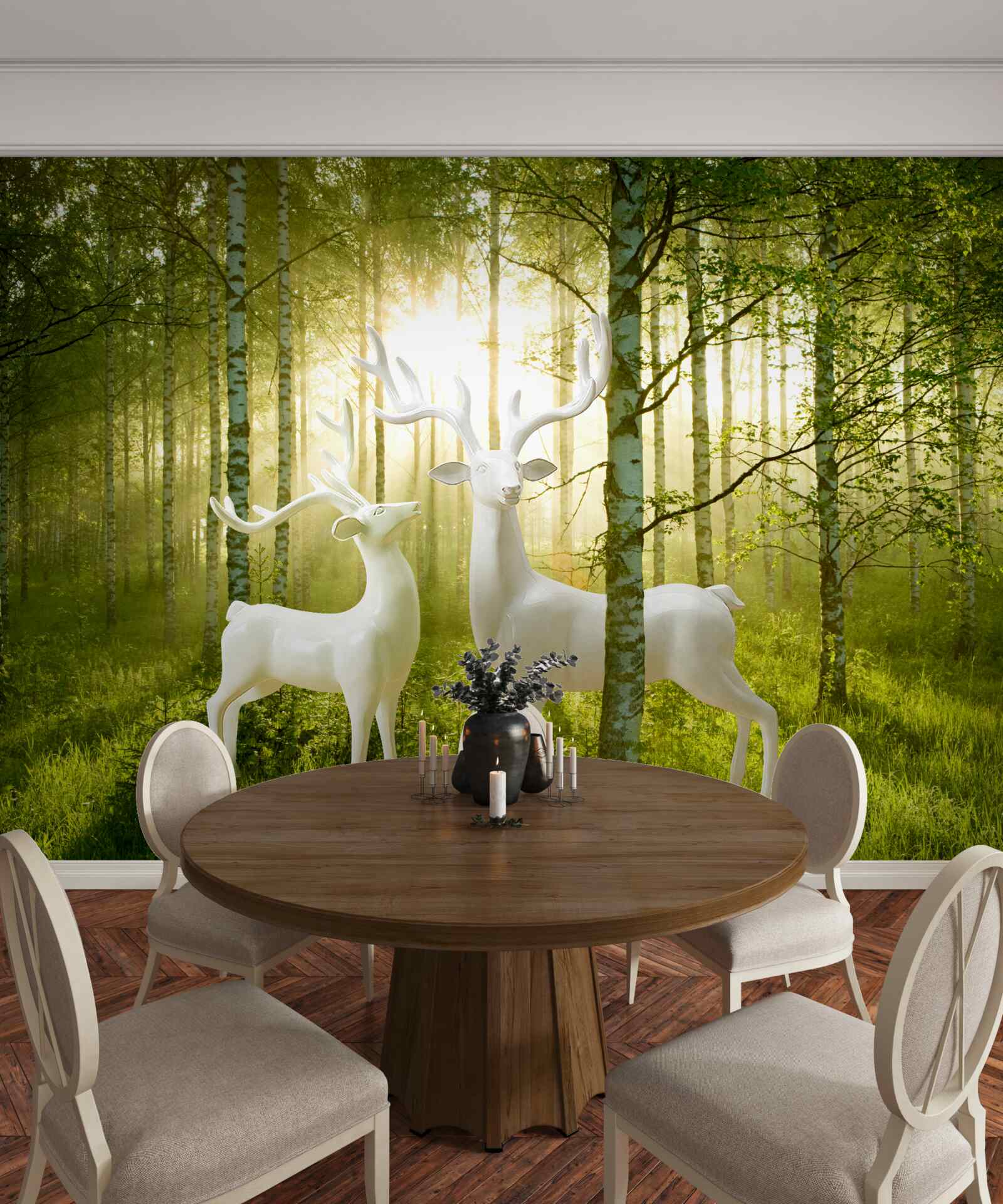 Fototapeta biely jeleň v zelenkastom lese