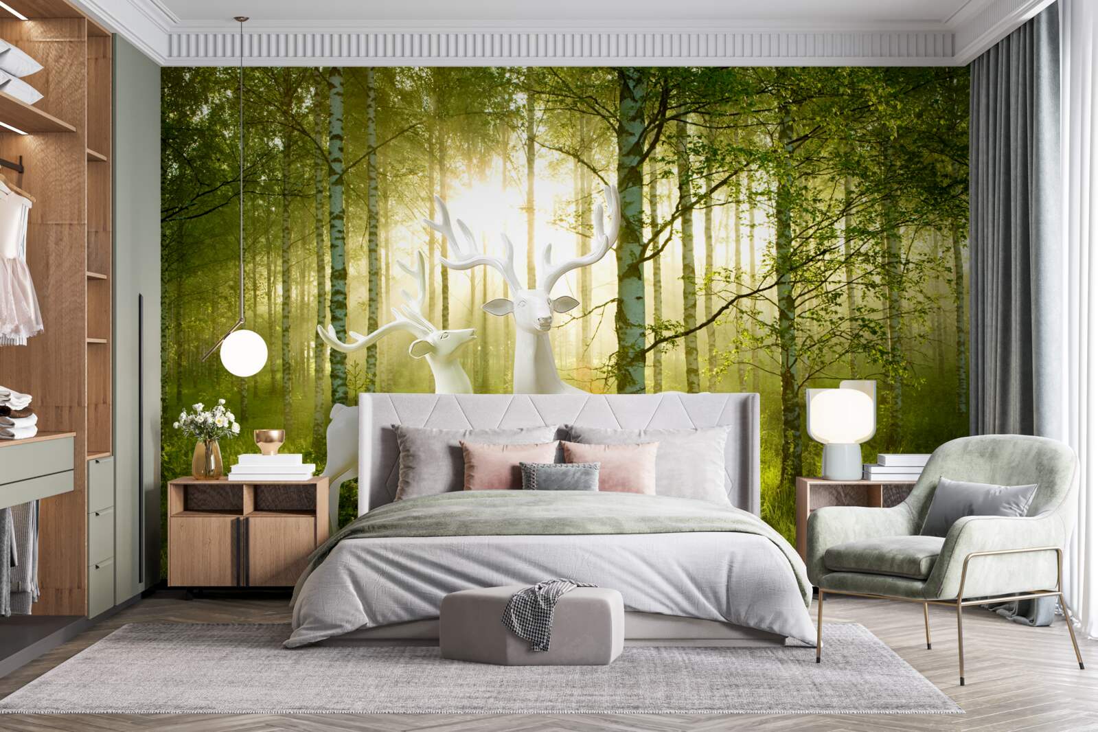 Fototapeta biely jeleň v zelenkastom lese