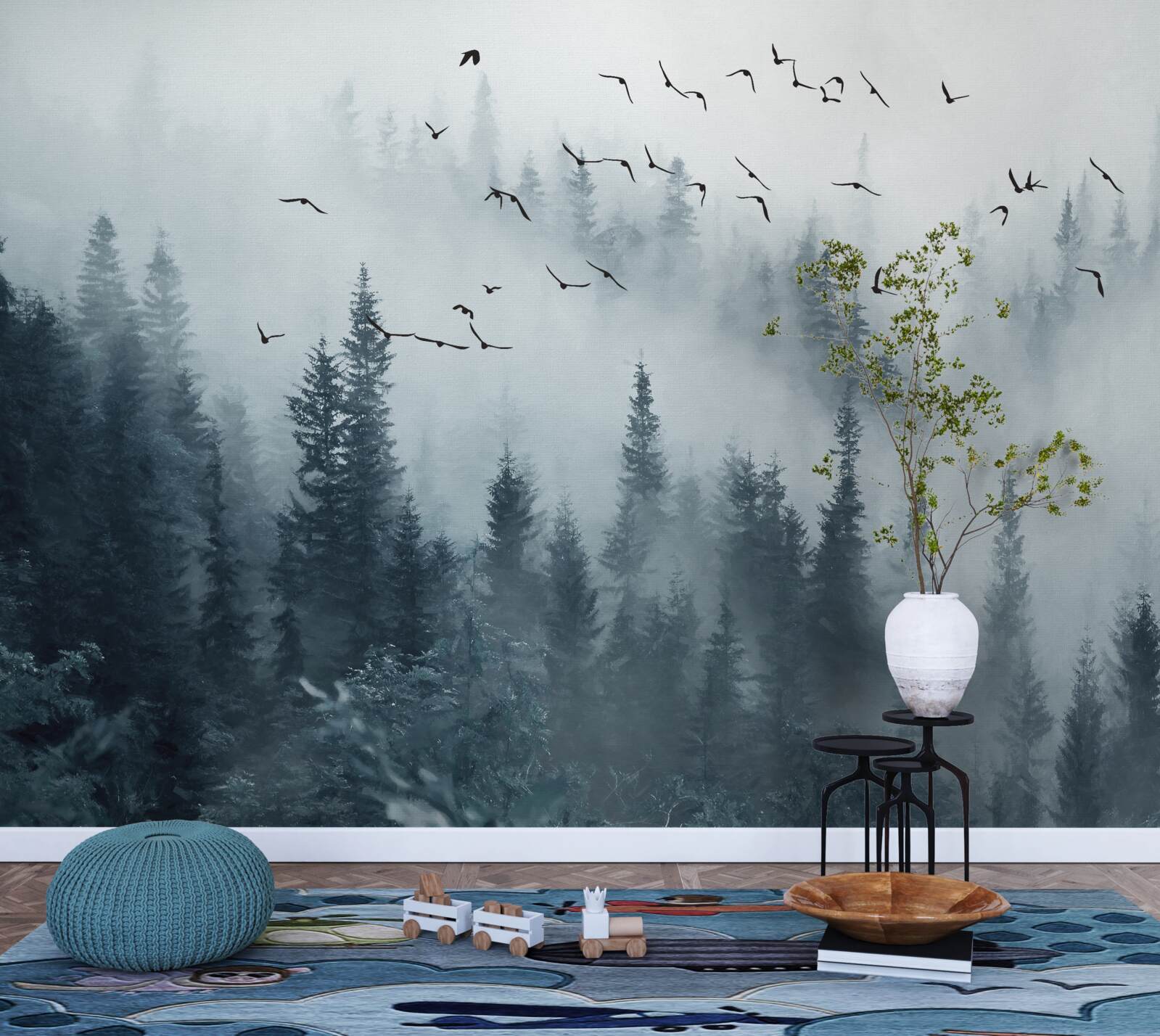 Fototapeta les obklopený hmlou zostáva pod lietajúcimi vtákmi
