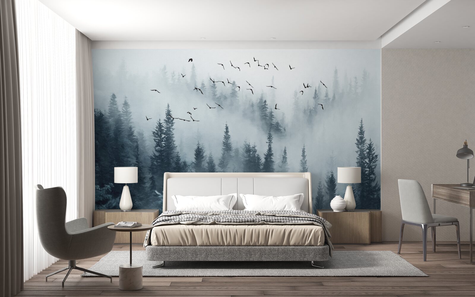Fototapeta les obklopený hmlou zostáva pod lietajúcimi vtákmi