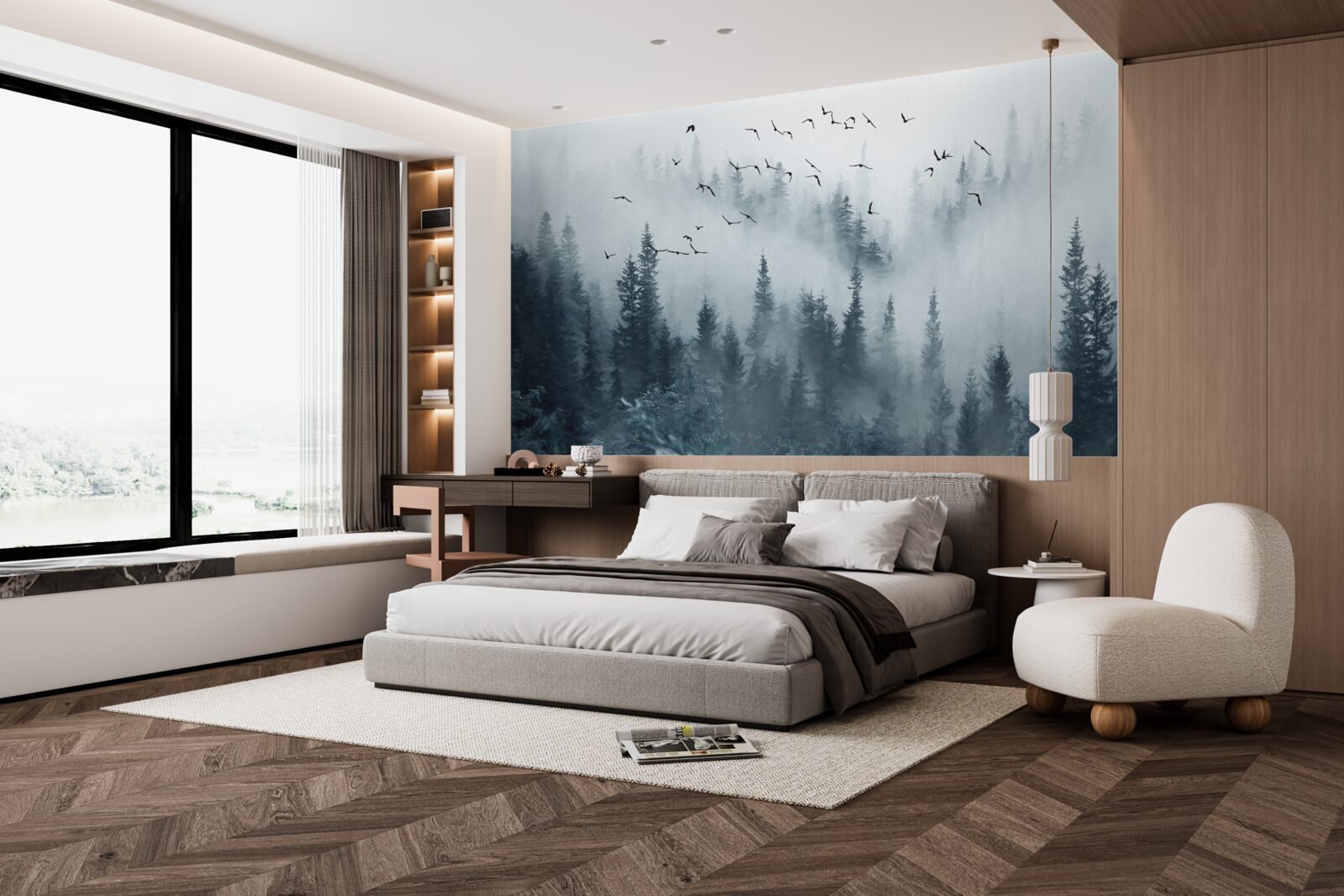 Fototapeta les obklopený hmlou zostáva pod lietajúcimi vtákmi