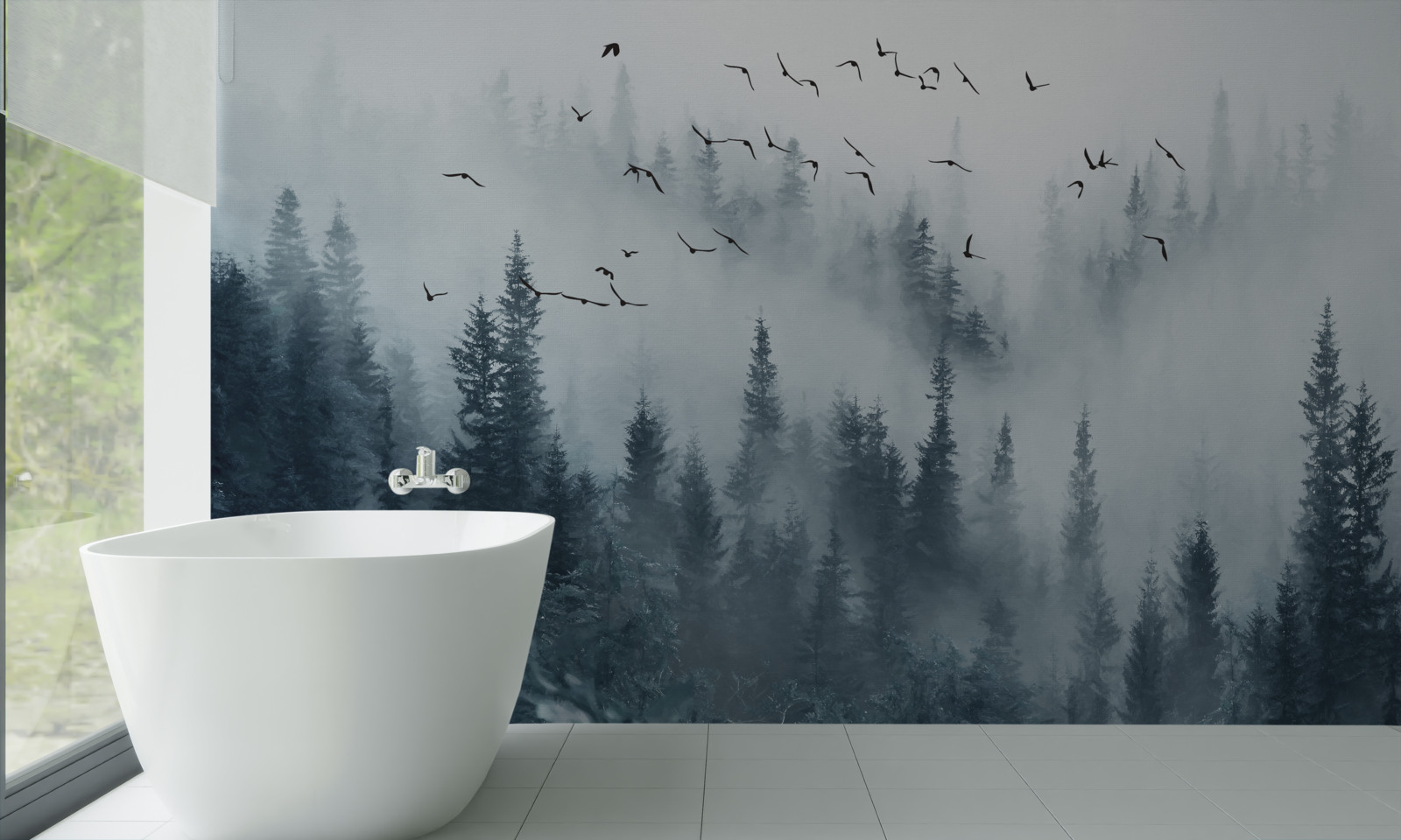Fototapeta les obklopený hmlou zostáva pod lietajúcimi vtákmi