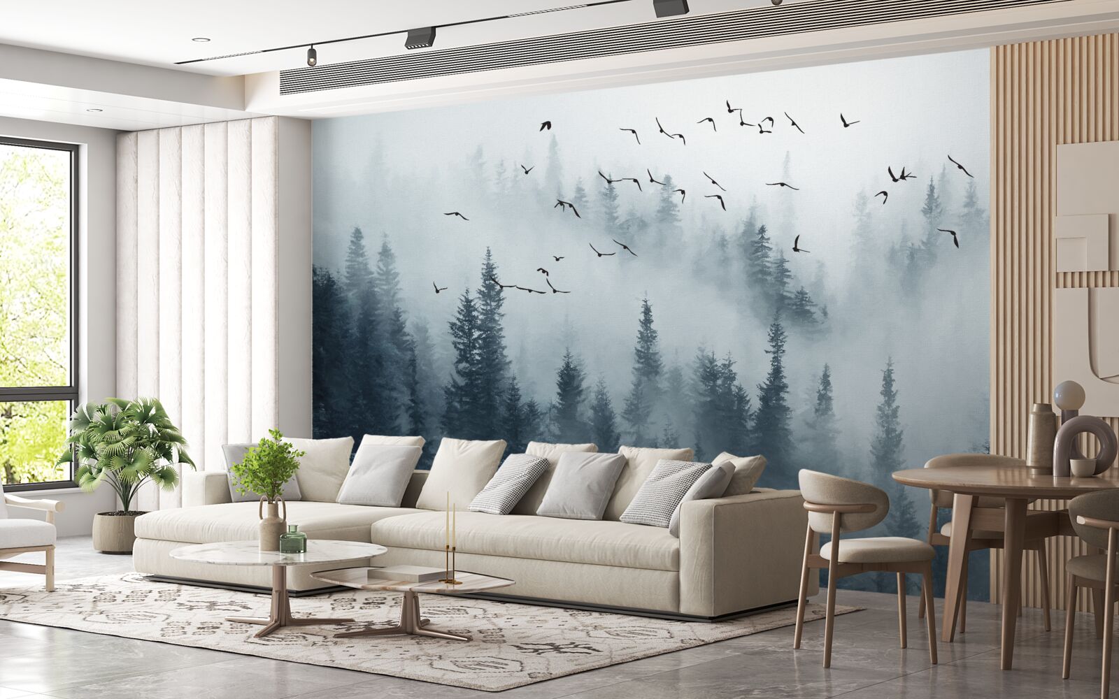 Fototapeta les obklopený hmlou zostáva pod lietajúcimi vtákmi
