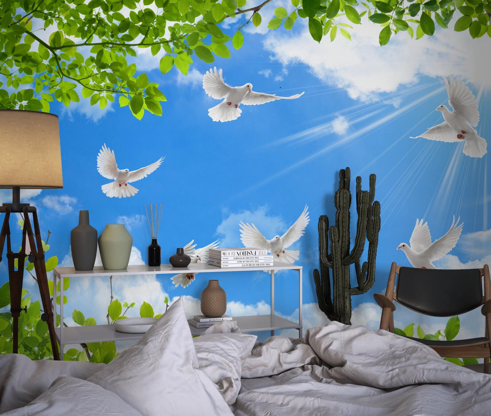 Fototapeta v zelenom ráme sa holuby vznášajú na modrej oblohe