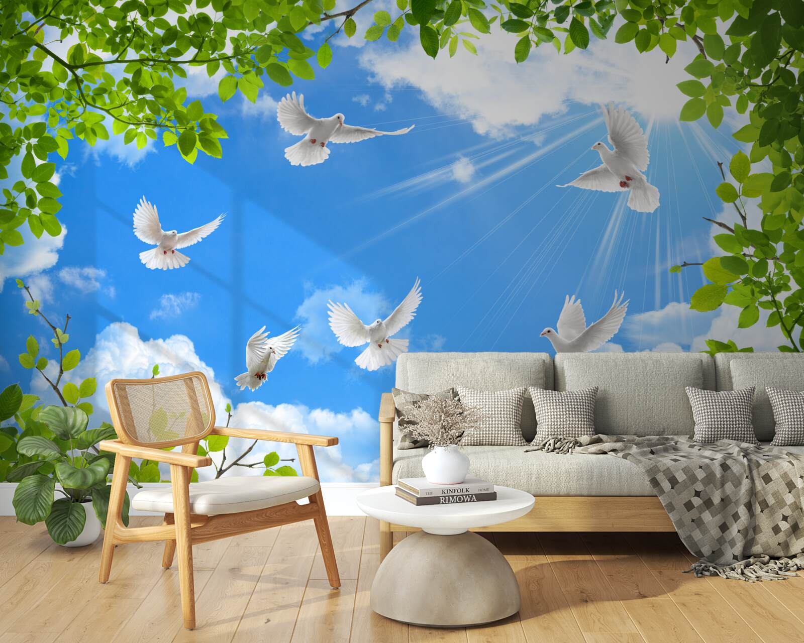 Fototapeta v zelenom ráme sa holuby vznášajú na modrej oblohe