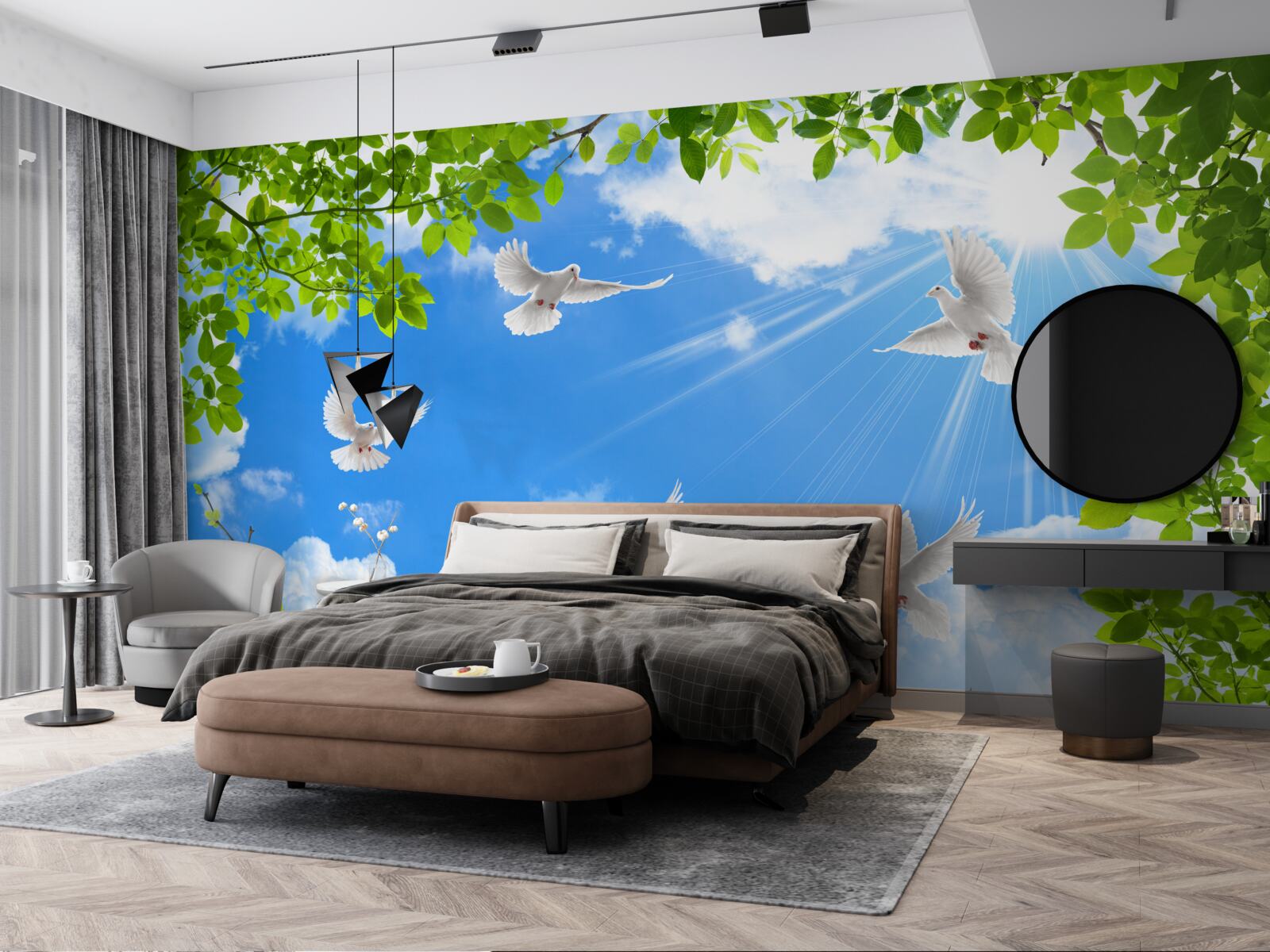 Fototapeta v zelenom ráme sa holuby vznášajú na modrej oblohe