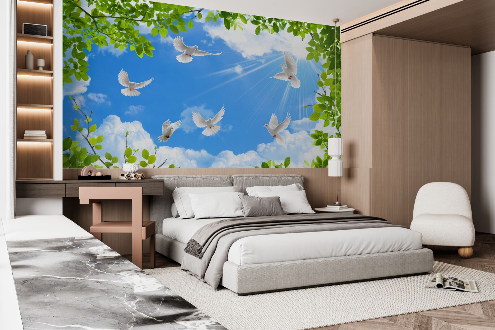 Fototapeta v zelenom ráme sa holuby vznášajú na modrej oblohe