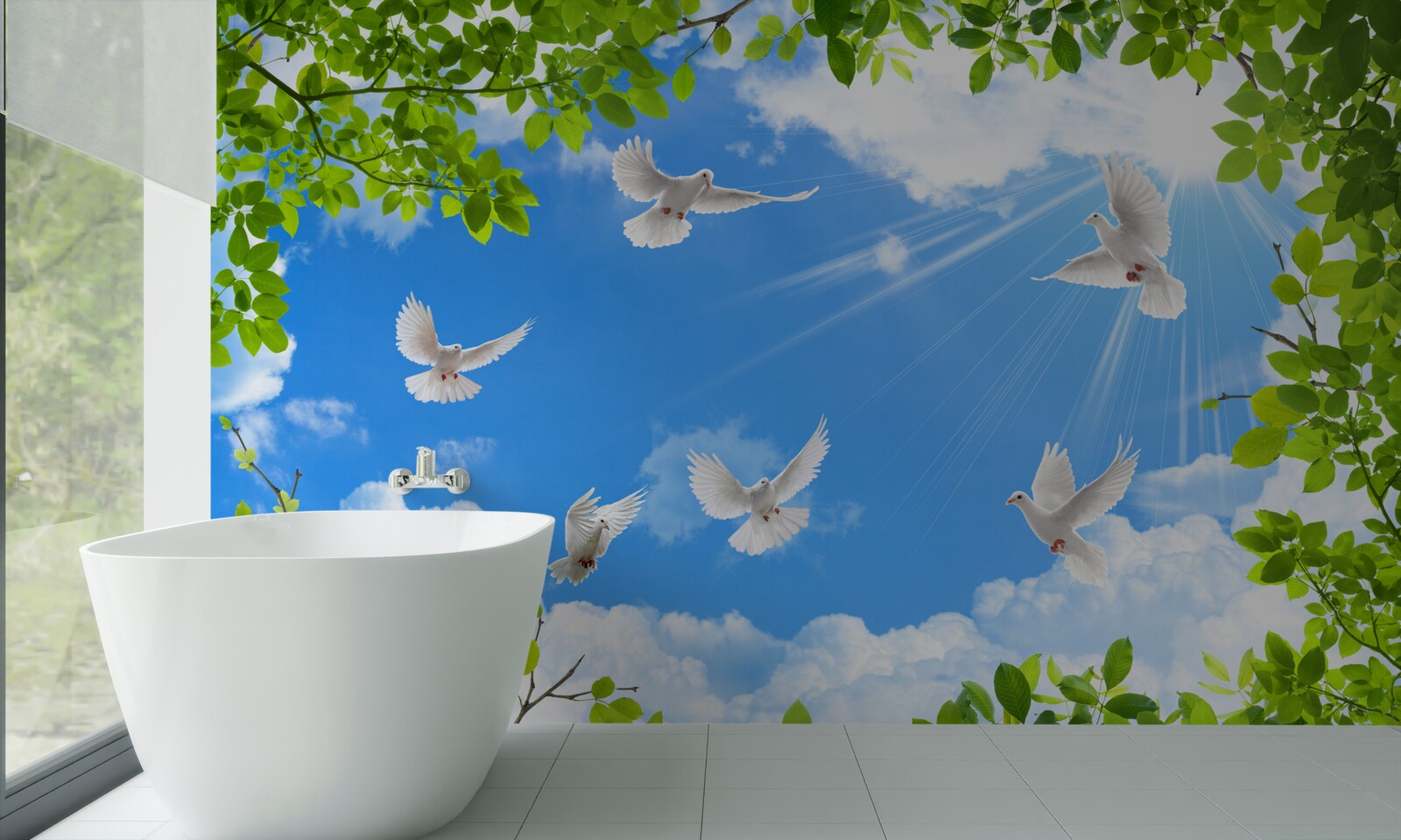 Fototapeta v zelenom ráme sa holuby vznášajú na modrej oblohe