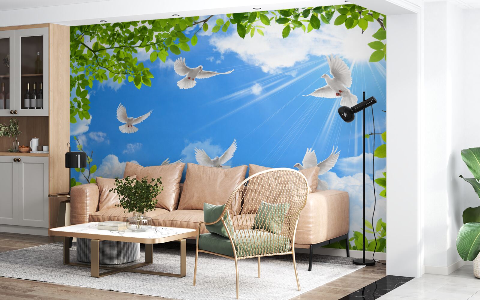 Fototapeta v zelenom ráme sa holuby vznášajú na modrej oblohe