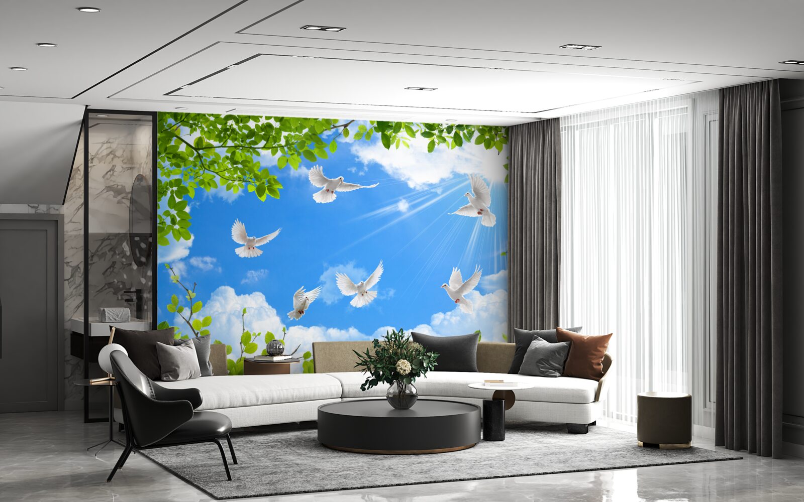 Fototapeta v zelenom ráme sa holuby vznášajú na modrej oblohe