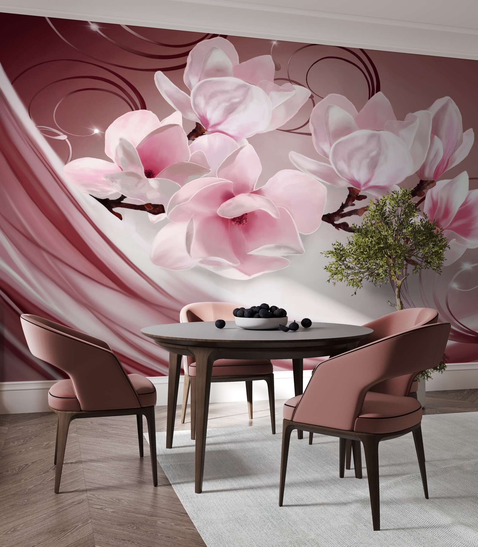 Fototapeta na ružovom pozadí môžete vidieť veľké kvety v ružových tónoch