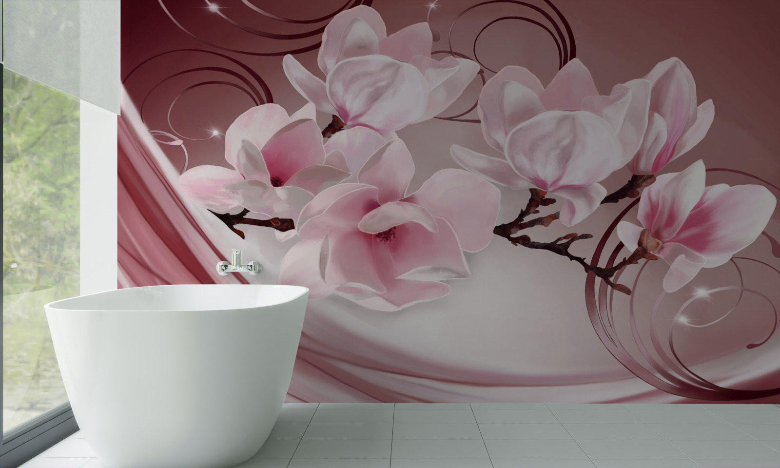 Fototapeta na ružovom pozadí môžete vidieť veľké kvety v ružových tónoch