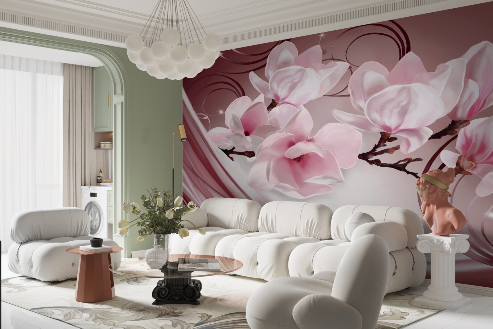 Fototapeta na ružovom pozadí môžete vidieť veľké kvety v ružových tónoch