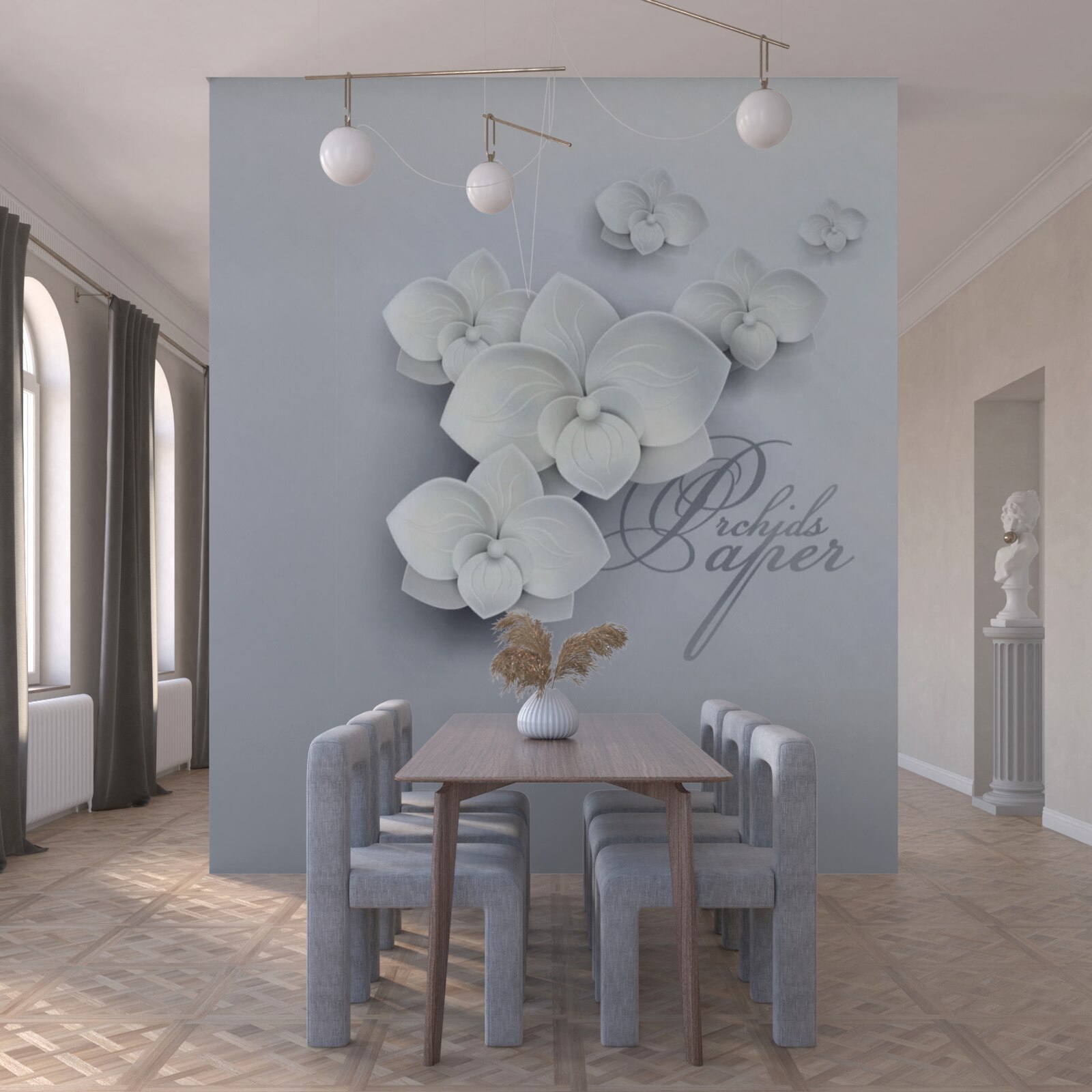 Fototapeta sivé pozadie zdobia biele orchidey