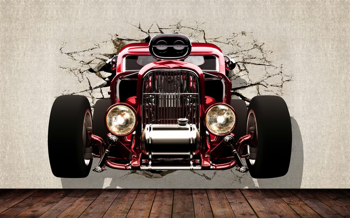 Fototapeta zo steny vychádza červené auto