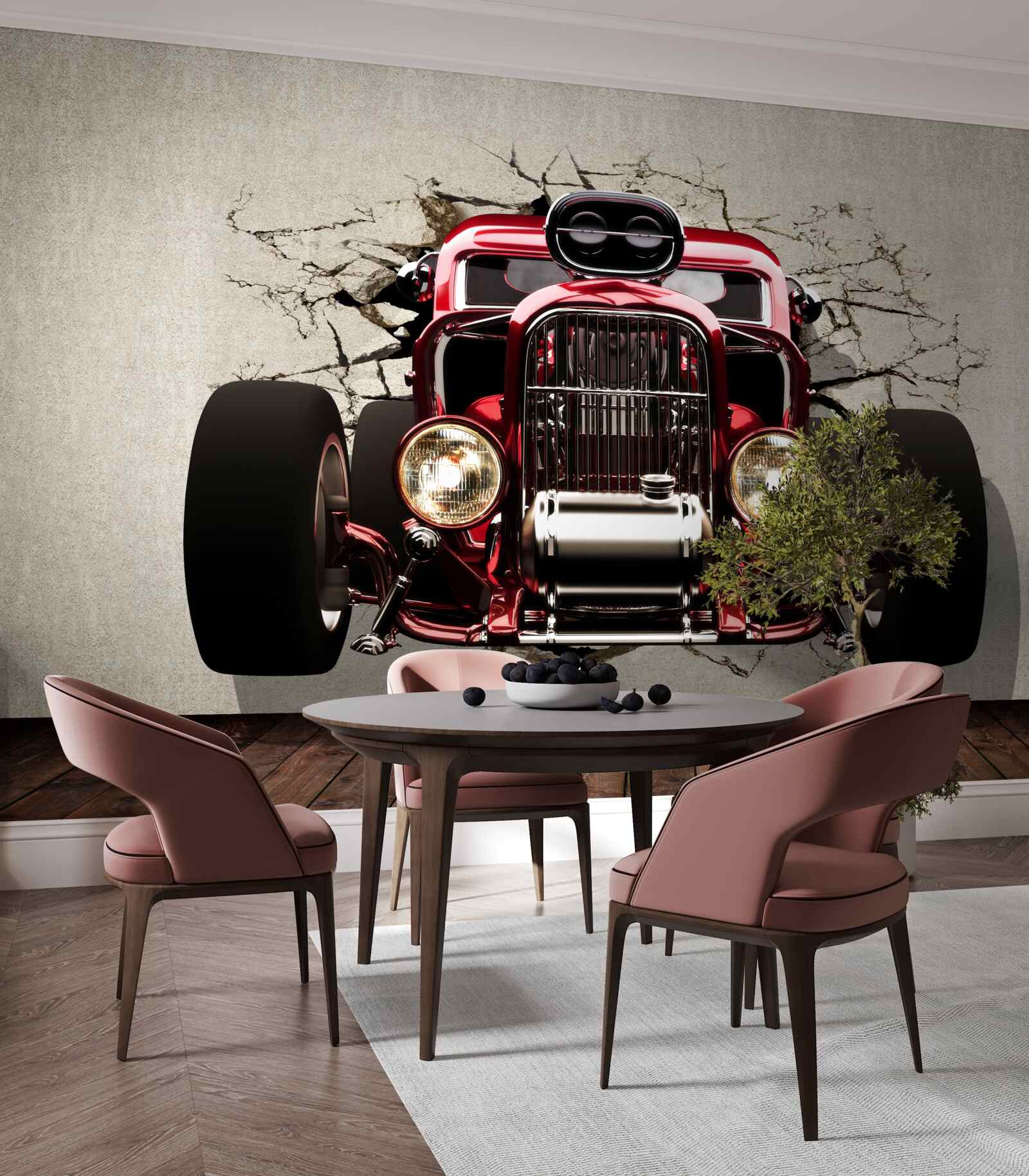 Fototapeta zo steny vychádza červené auto