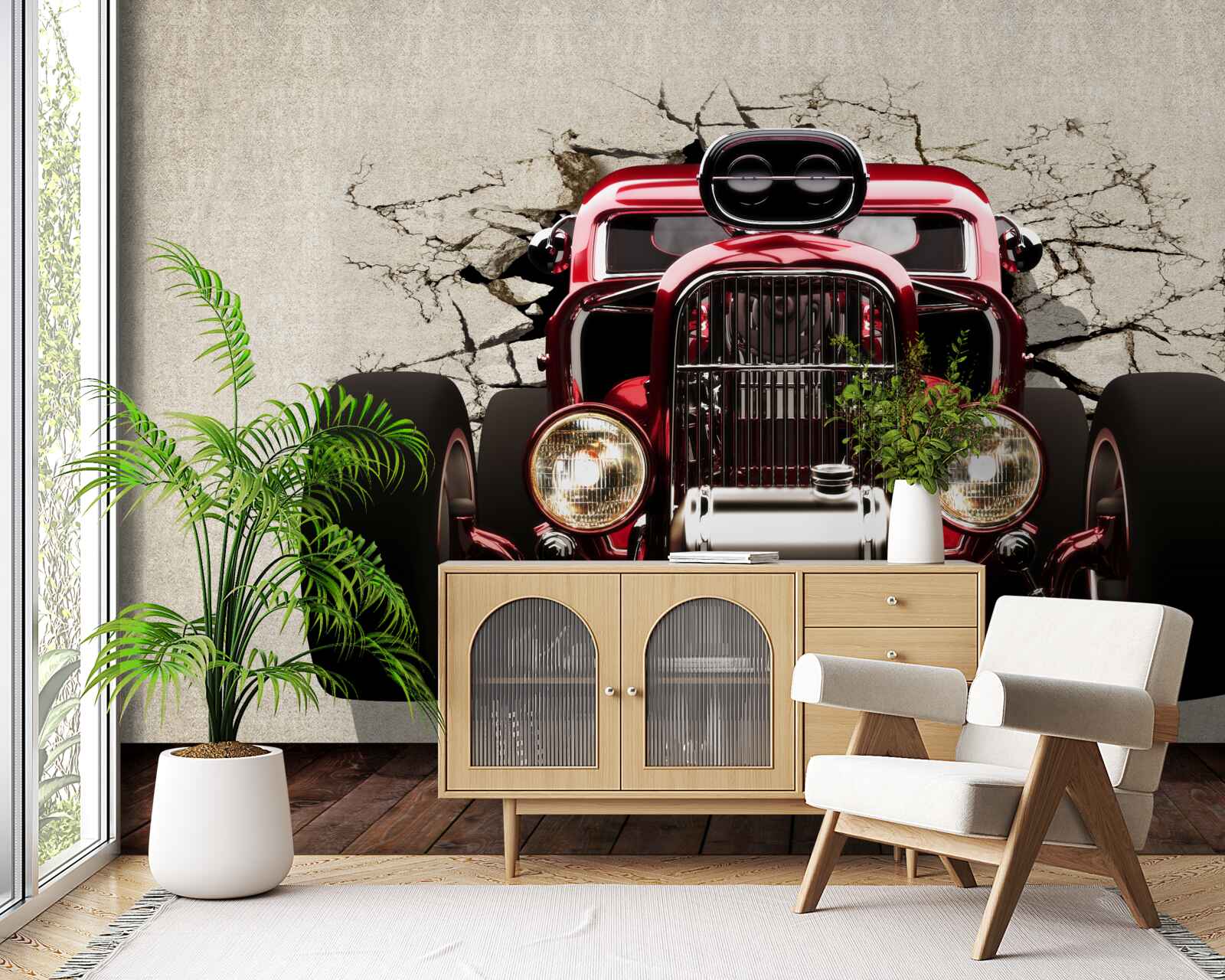Fototapeta zo steny vychádza červené auto