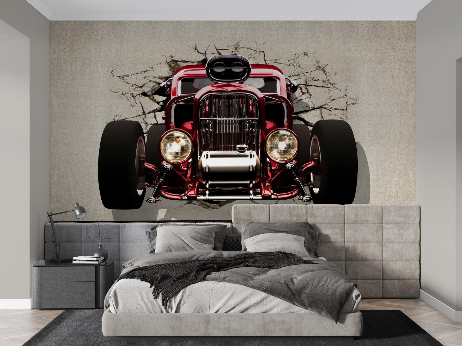 Fototapeta zo steny vychádza červené auto