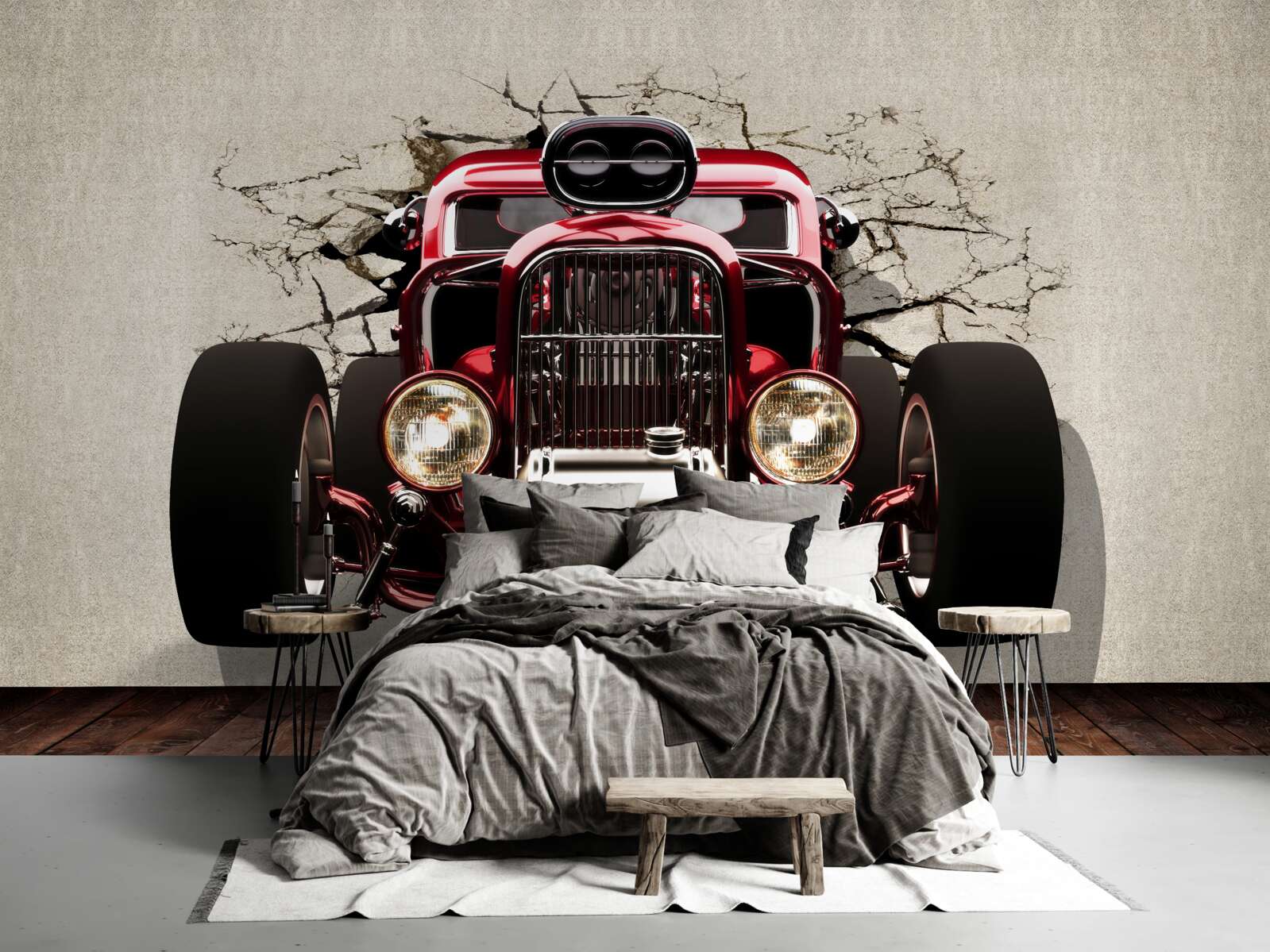 Fototapeta zo steny vychádza červené auto