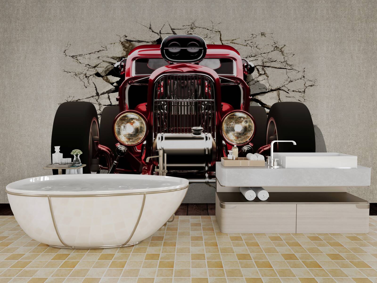 Fototapeta zo steny vychádza červené auto