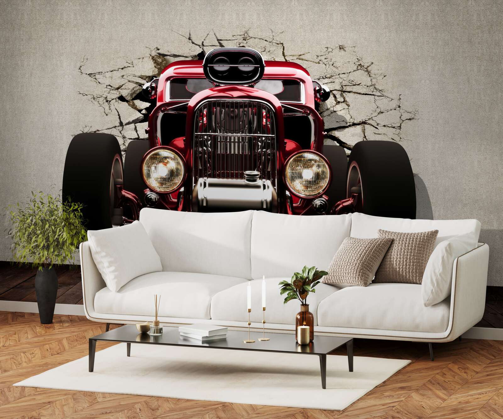 Fototapeta zo steny vychádza červené auto