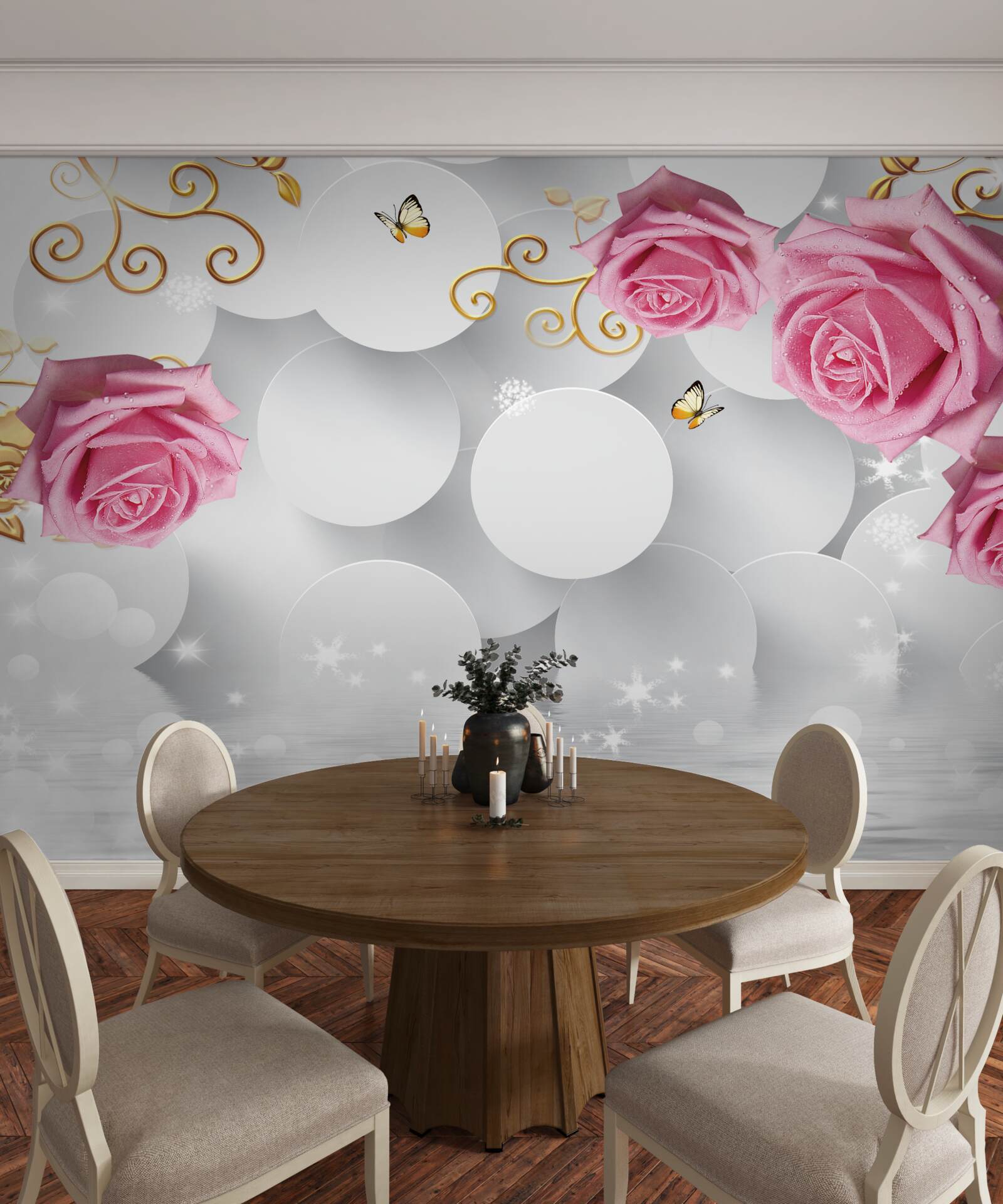 Fototapeta biele kruhy rámujú ružové ruže