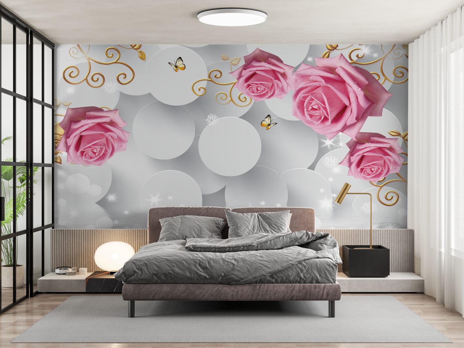 Fototapeta biele kruhy rámujú ružové ruže