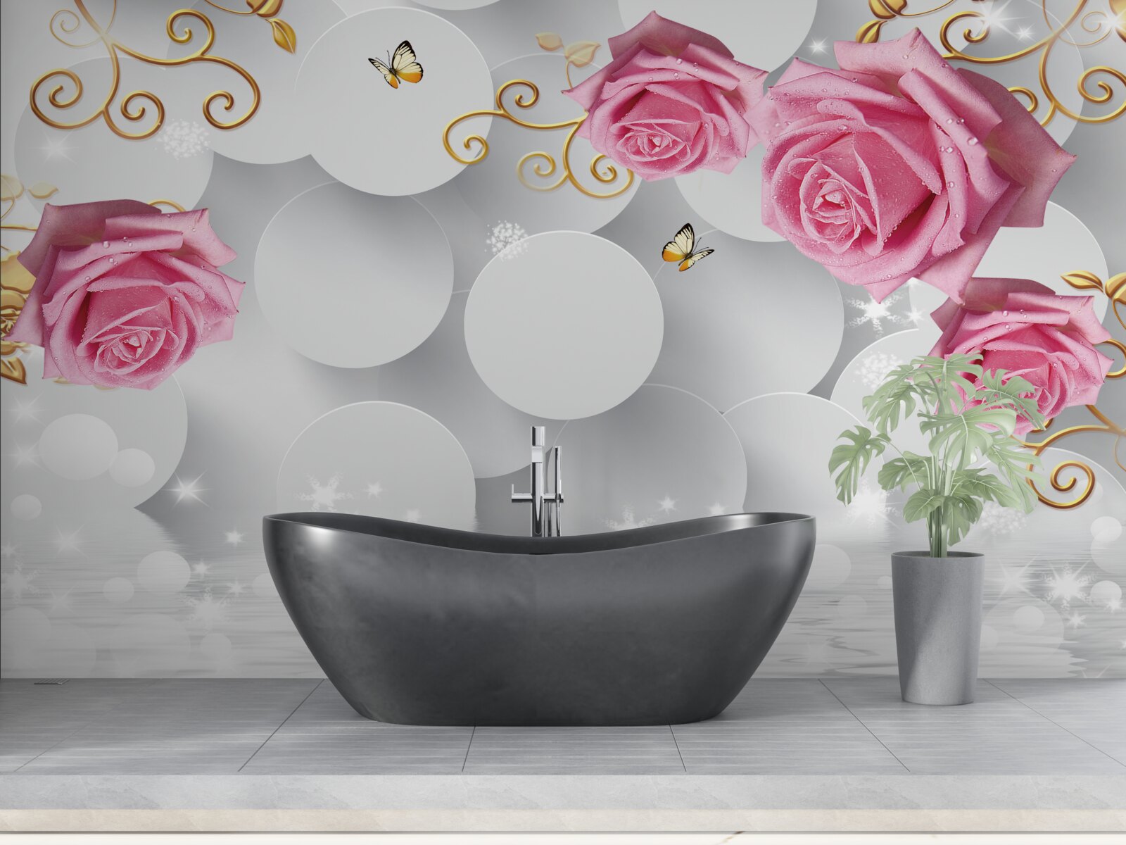 Fototapeta biele kruhy rámujú ružové ruže