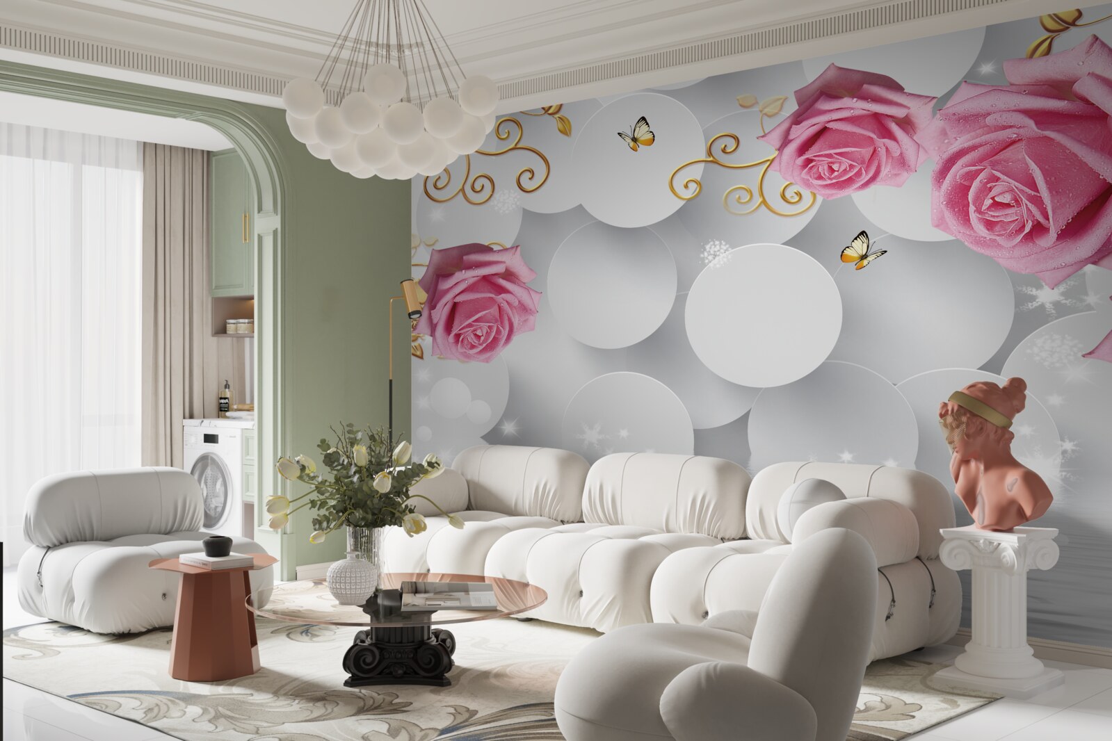 Fototapeta biele kruhy rámujú ružové ruže