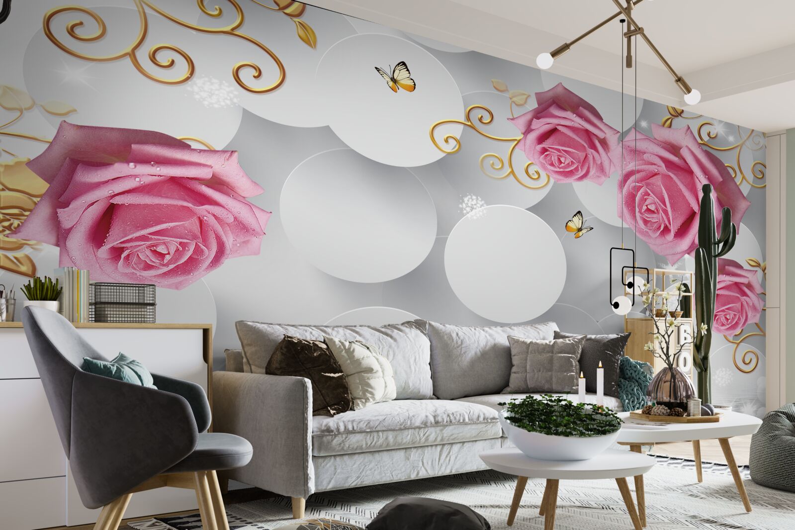 Fototapeta biele kruhy rámujú ružové ruže