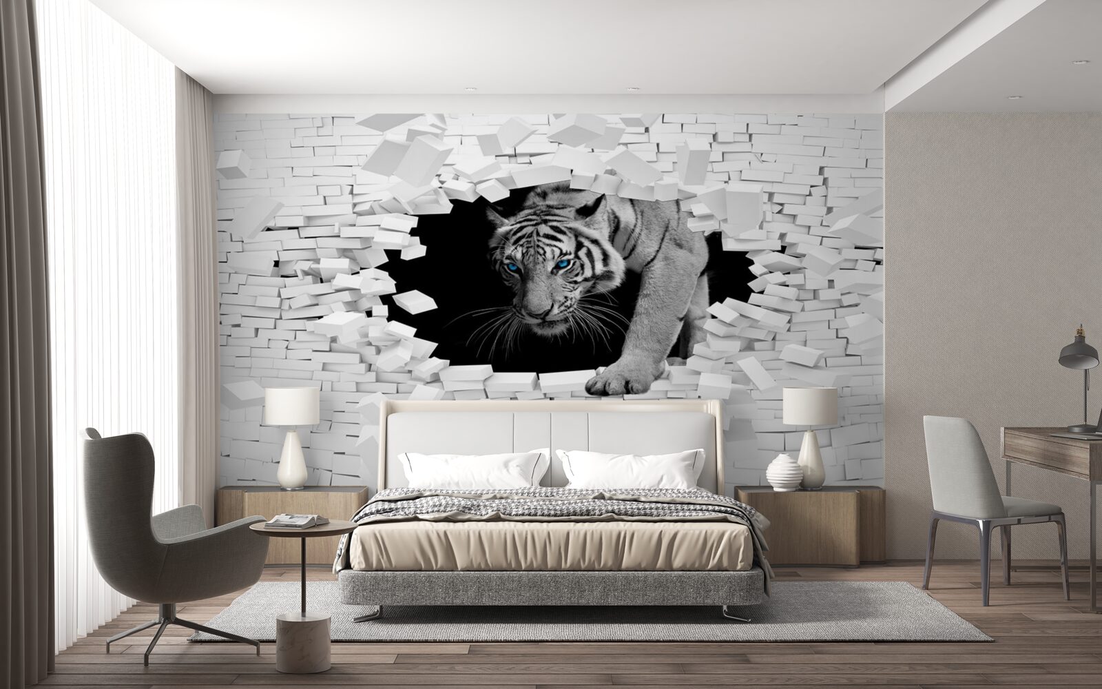 Fototapeta tiger zničí tehlovú stenu