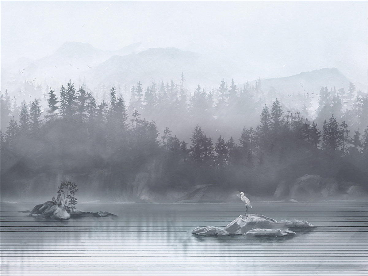 Fototapeta Žeriav žije sám na skale uprostred jazera