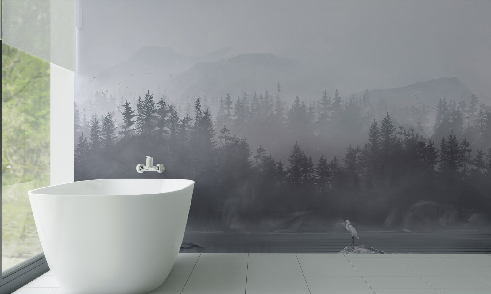 Fototapeta Žeriav žije sám na skale uprostred jazera