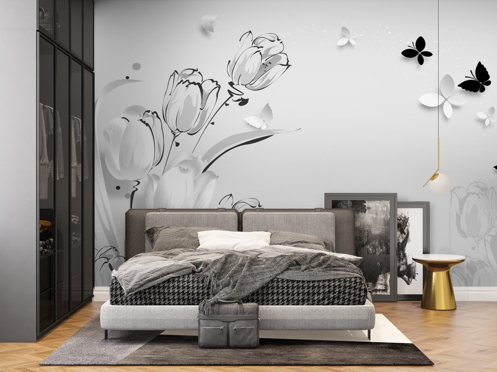 Fototapeta Snehovo biele tulipány a motýle