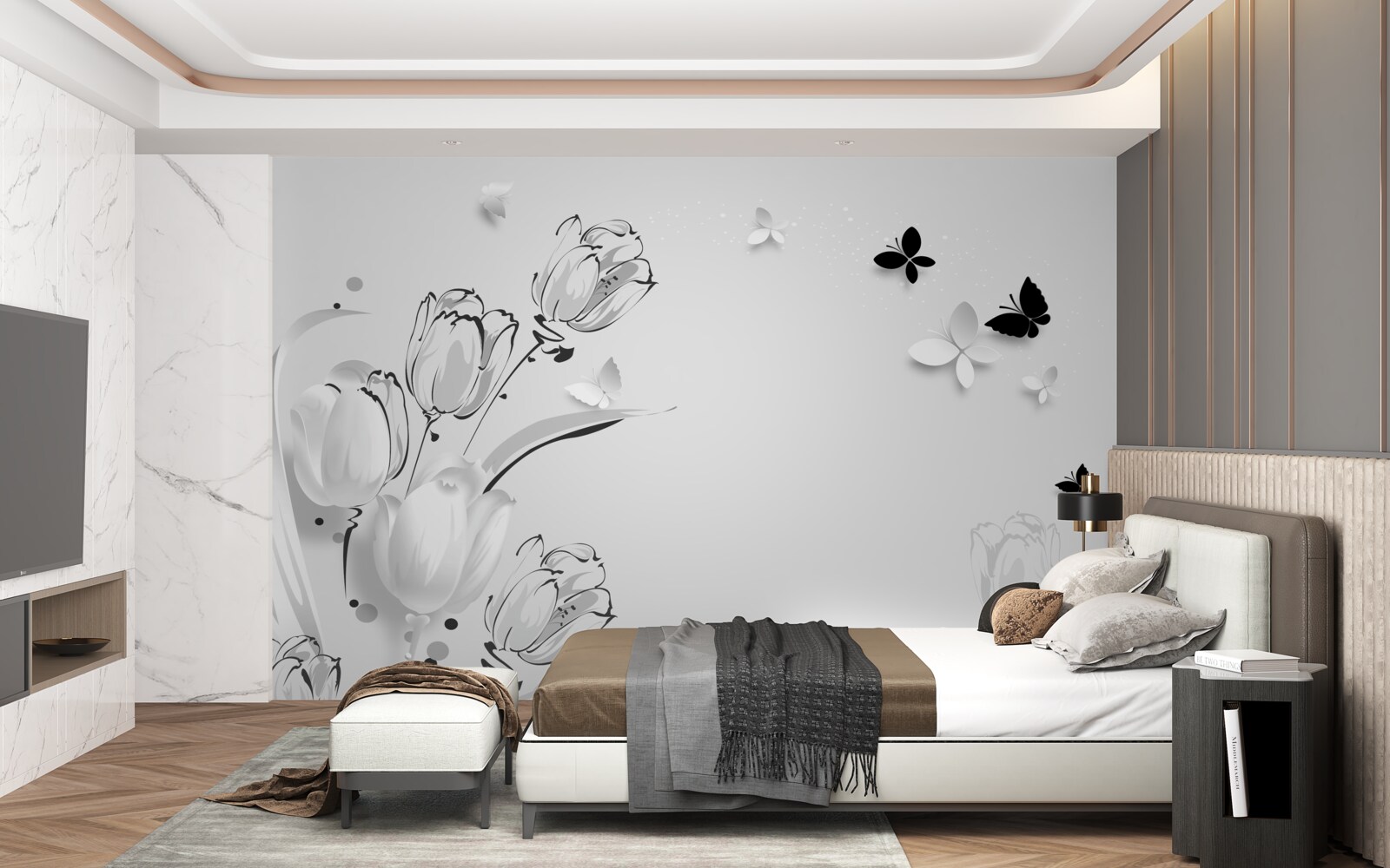 Fototapeta Snehovo biele tulipány a motýle