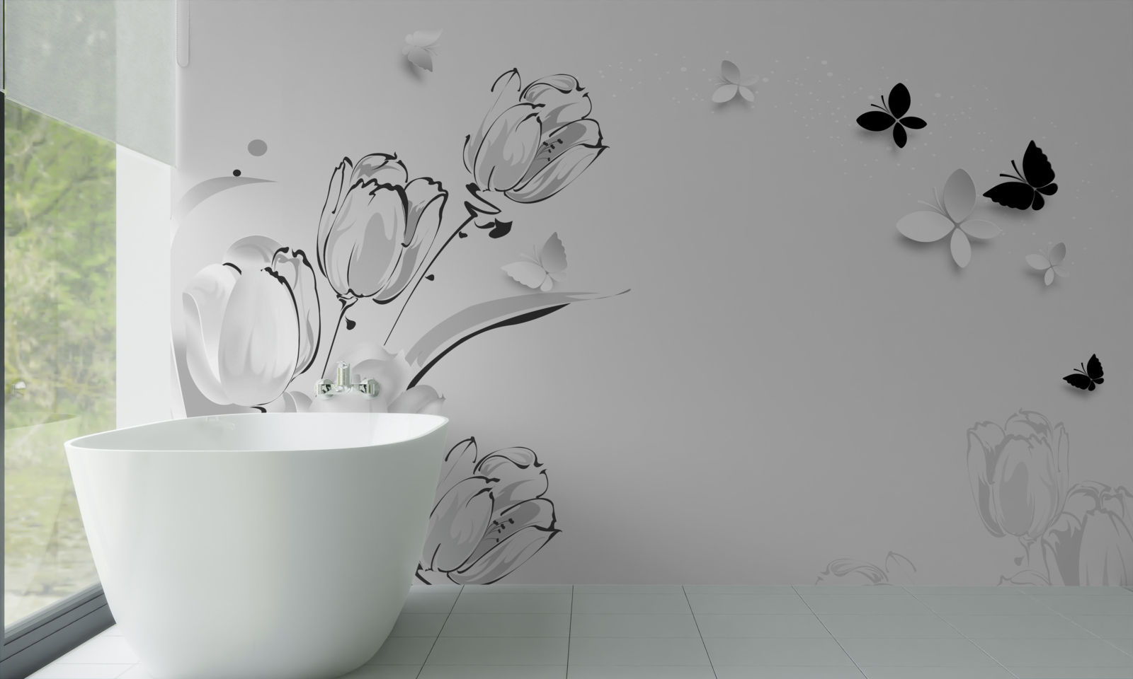 Fototapeta Snehovo biele tulipány a motýle