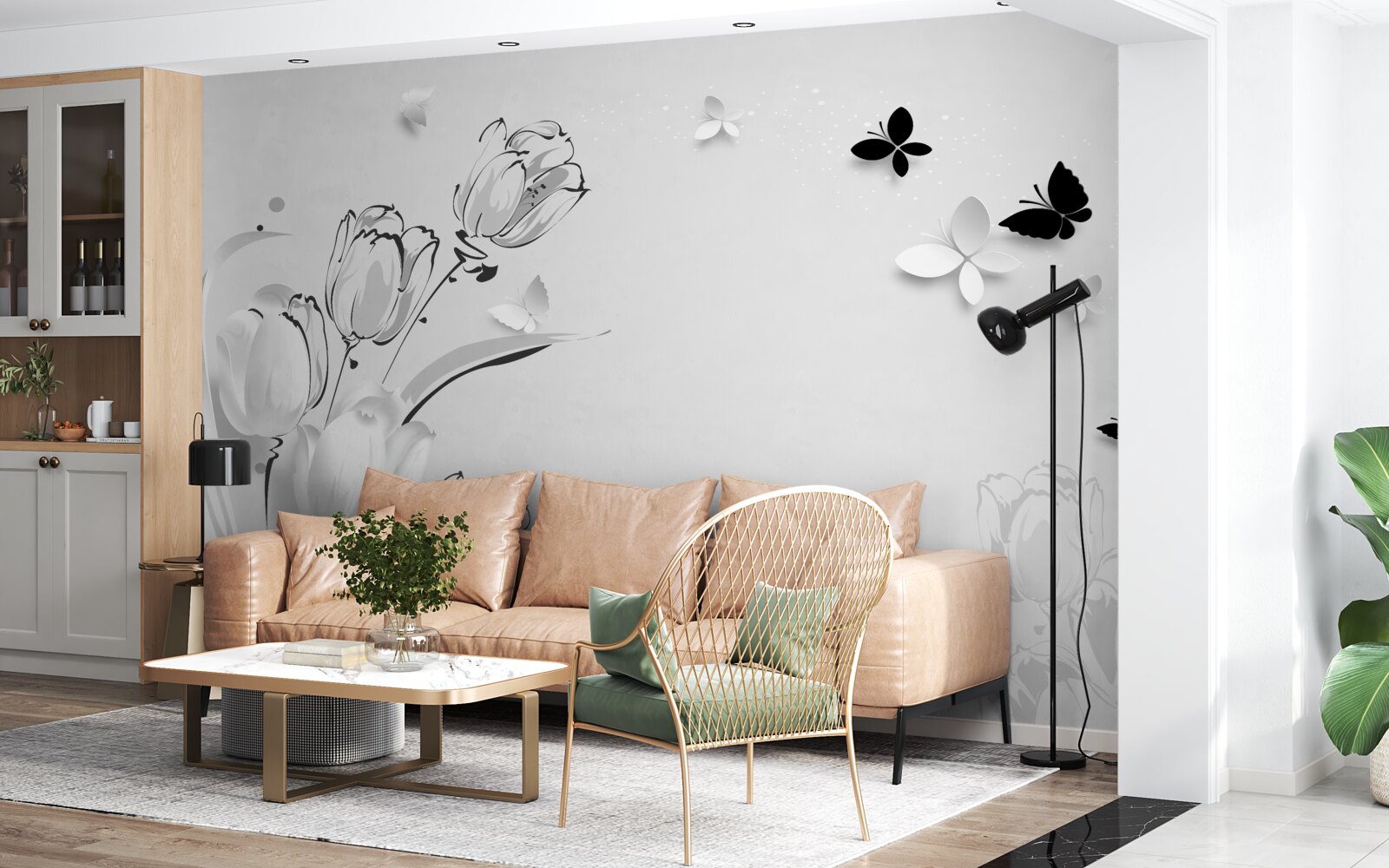 Fototapeta Snehovo biele tulipány a motýle