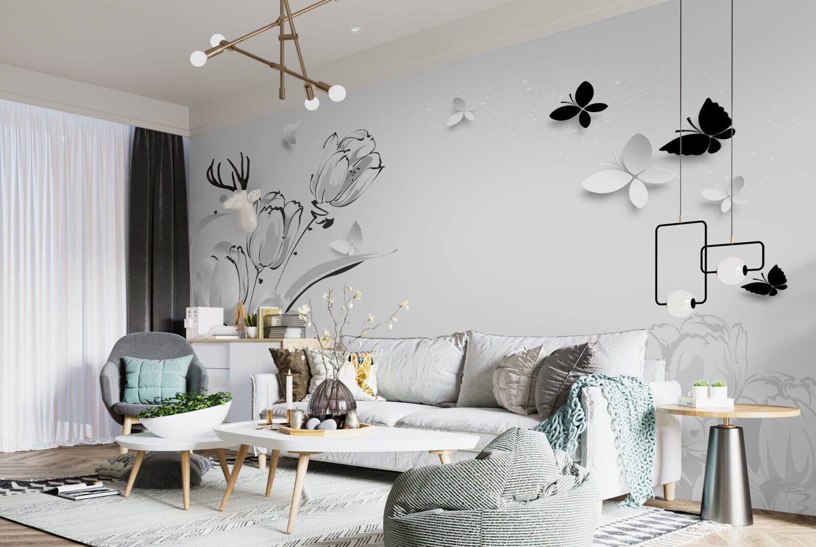 Fototapeta Snehovo biele tulipány a motýle