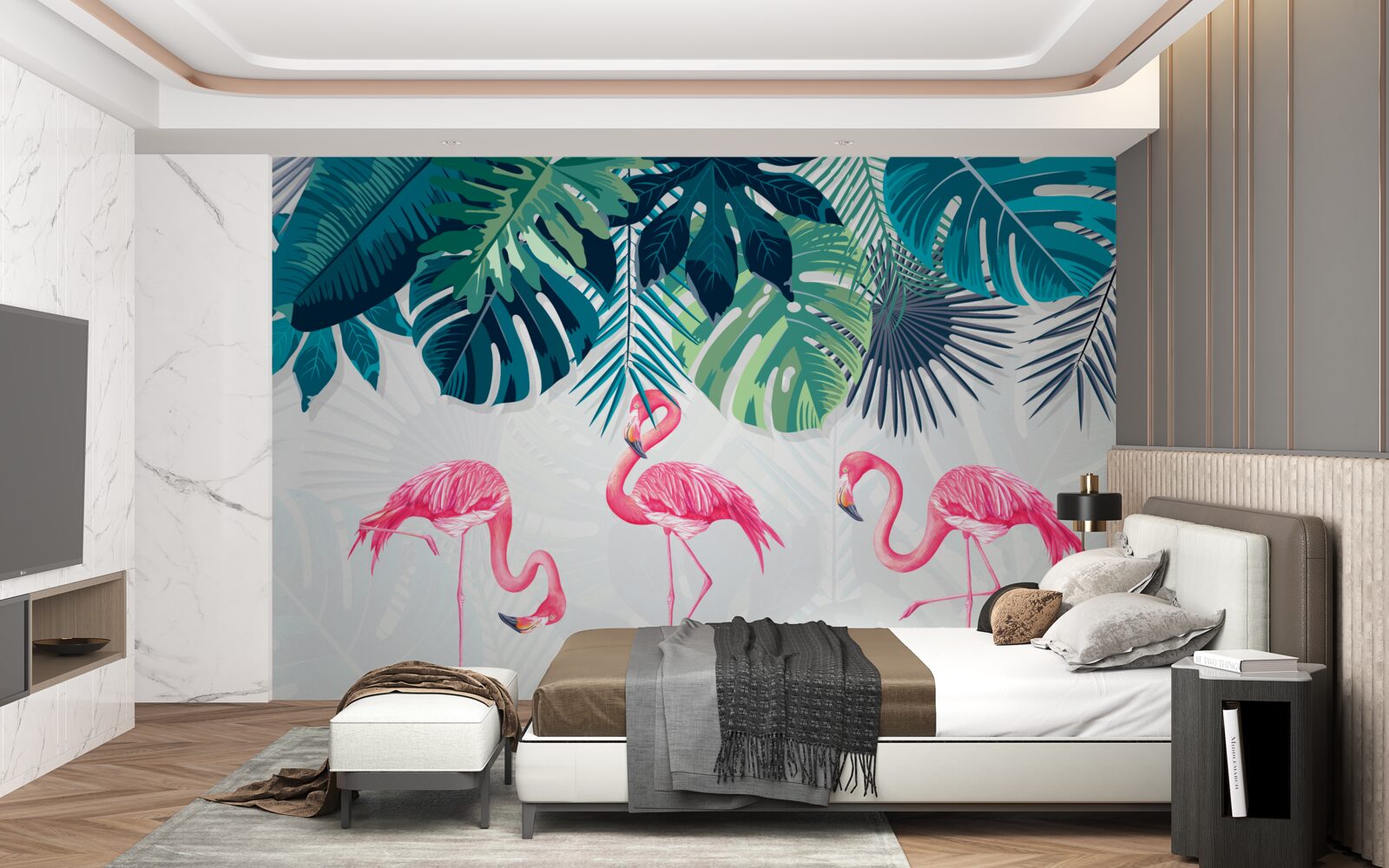 Fototapeta tropická vegetácia a vtáky ružového plameniaka