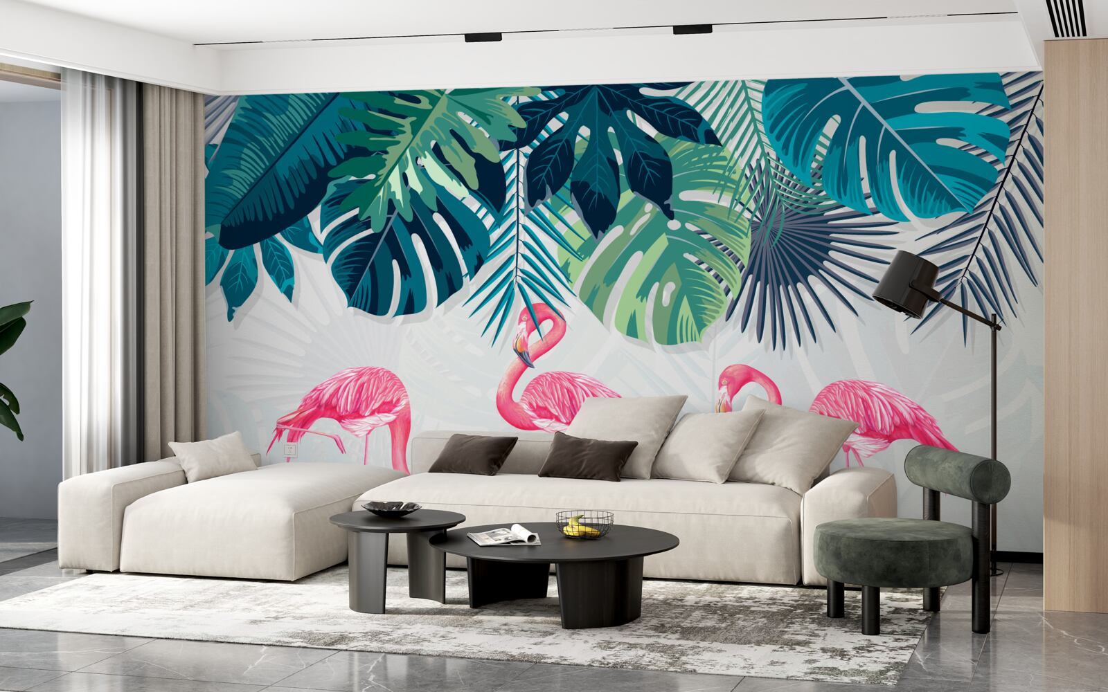 Fototapeta tropická vegetácia a vtáky ružového plameniaka