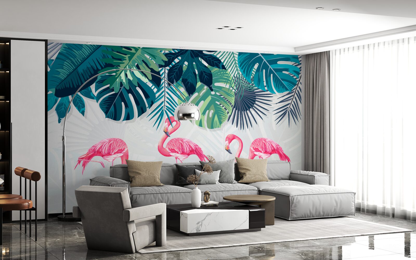 Fototapeta tropická vegetácia a vtáky ružového plameniaka