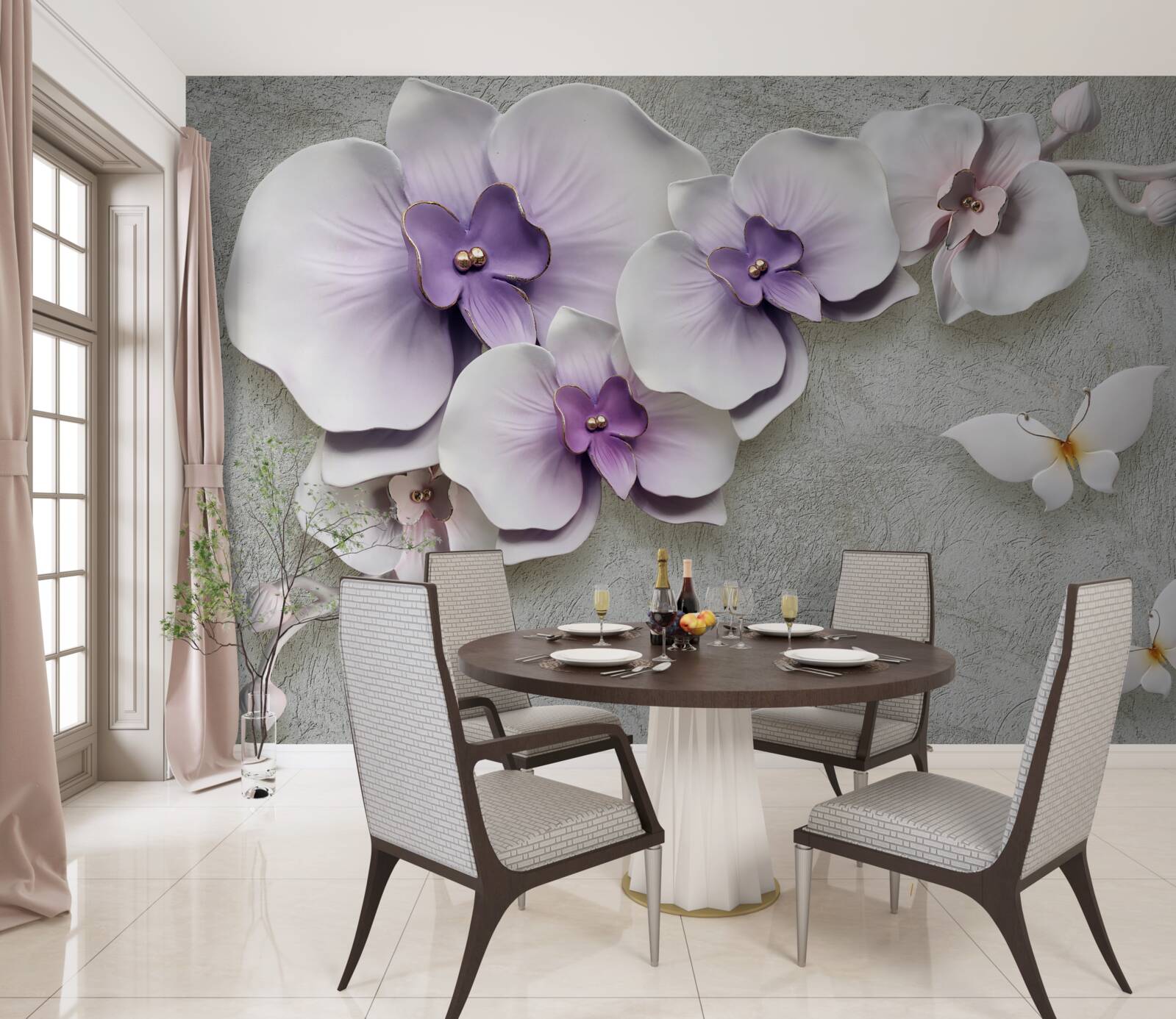 Fototapeta veľké fialové ľalie a snehovo biely motýľ