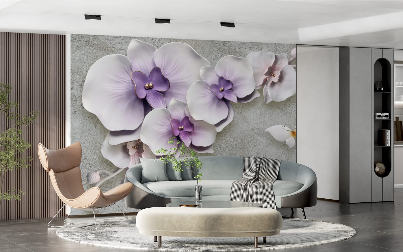 Fototapeta veľké fialové ľalie a snehovo biely motýľ