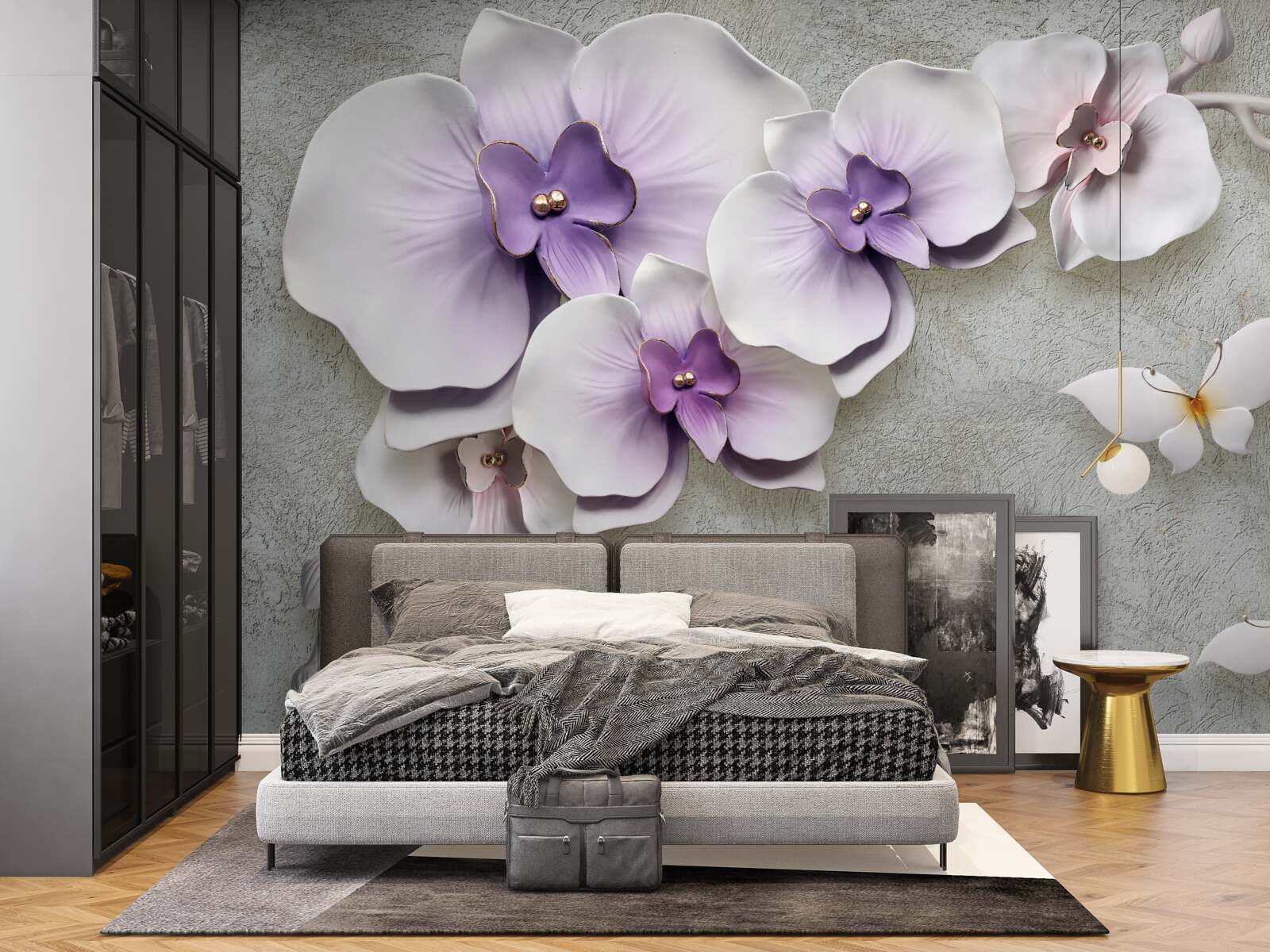 Fototapeta veľké fialové ľalie a snehovo biely motýľ